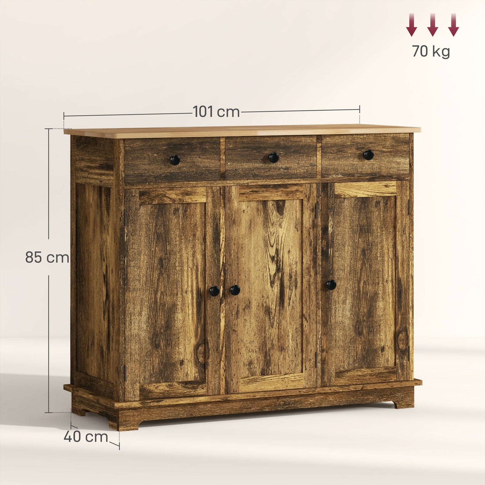 Sideboard Buffet Cabinet With Rubber Wood Top And Drawers | Brown