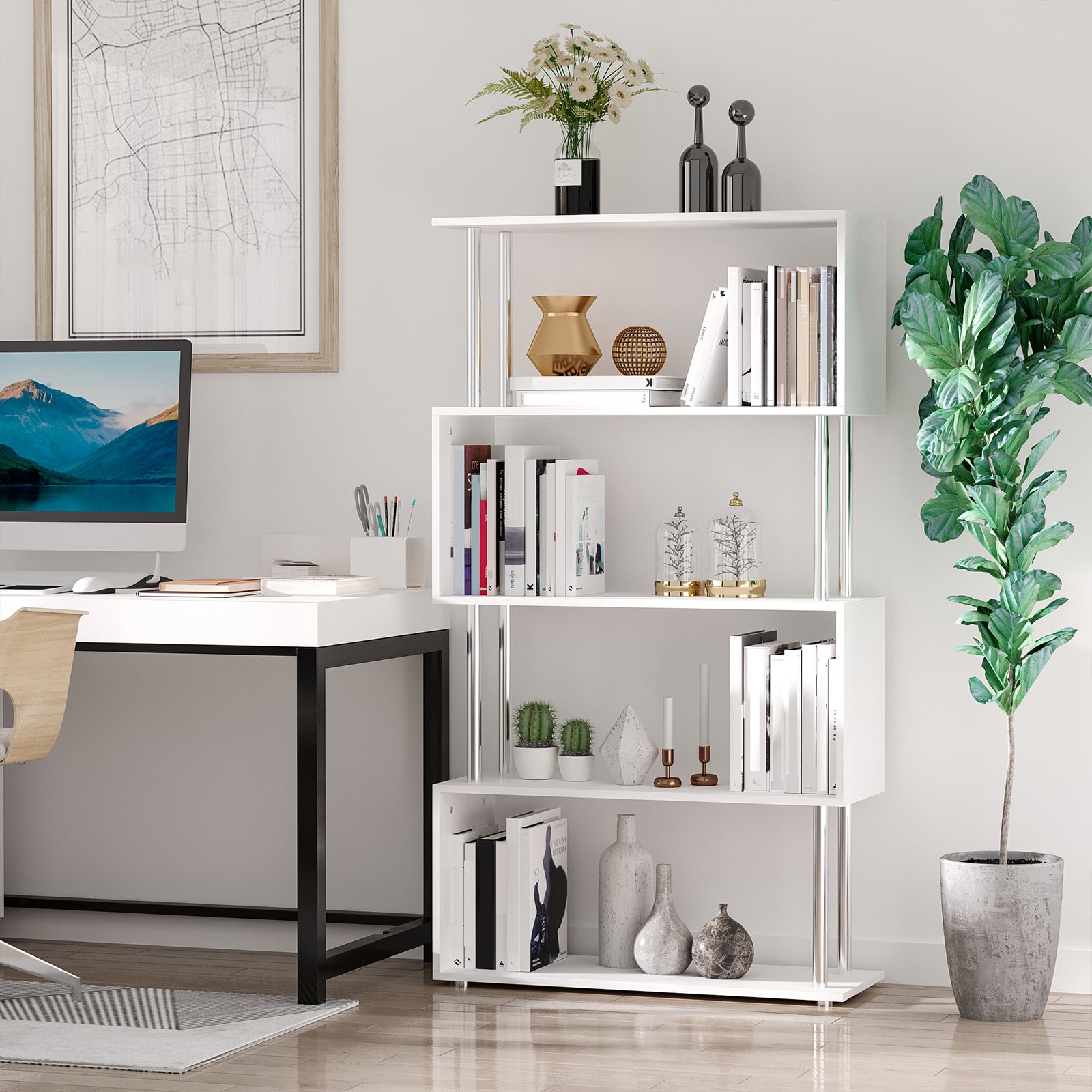 Wooden Storage Display Unit Bookcase Dividers S Shaped | One Size | White