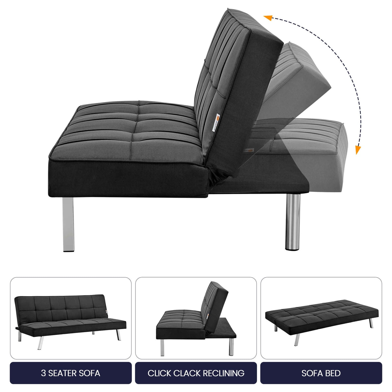 Click Clack Linen Blend Sofa Bed - 3 Seater | Black