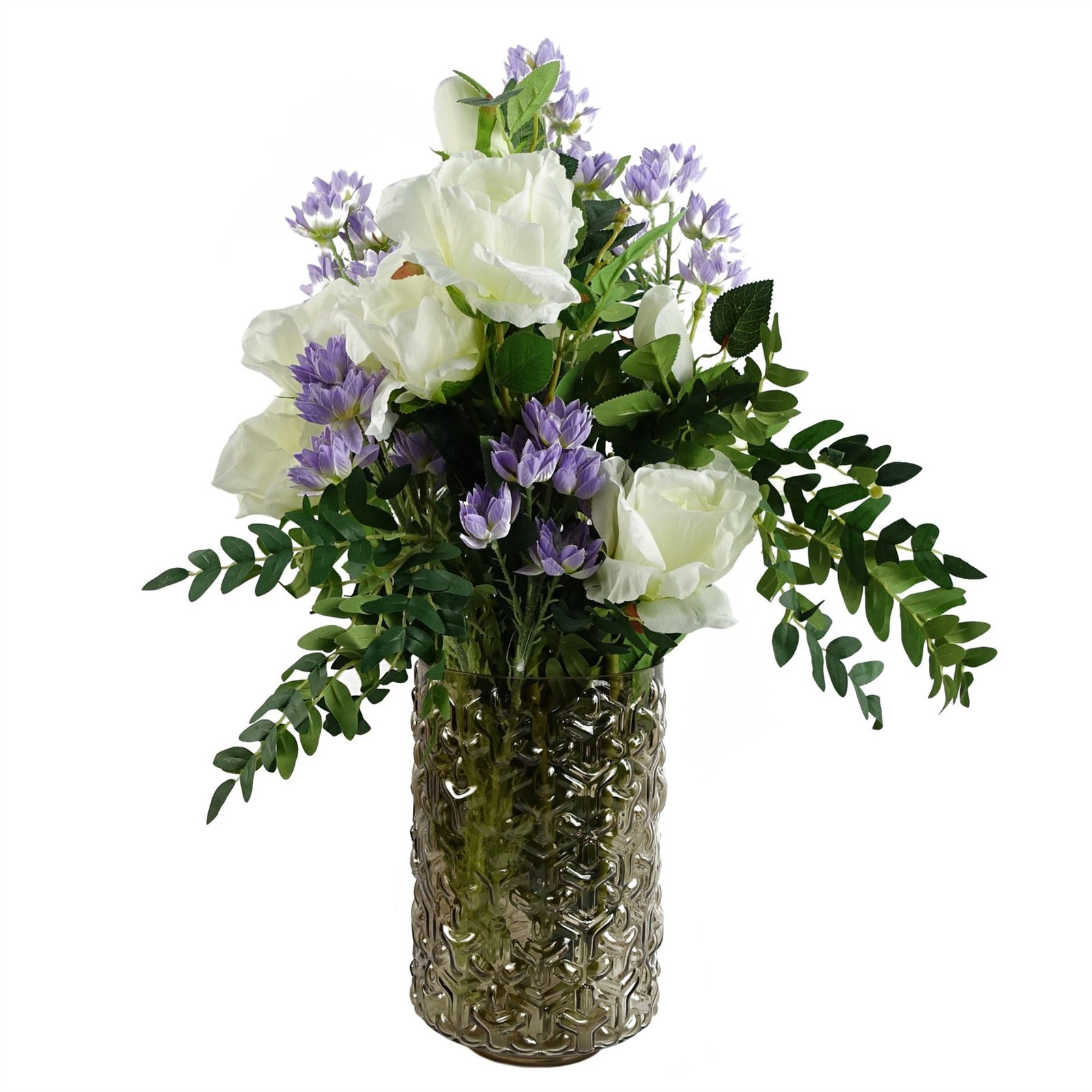 60cm Artificial White Rose Purple Starflower Display Glass Vase