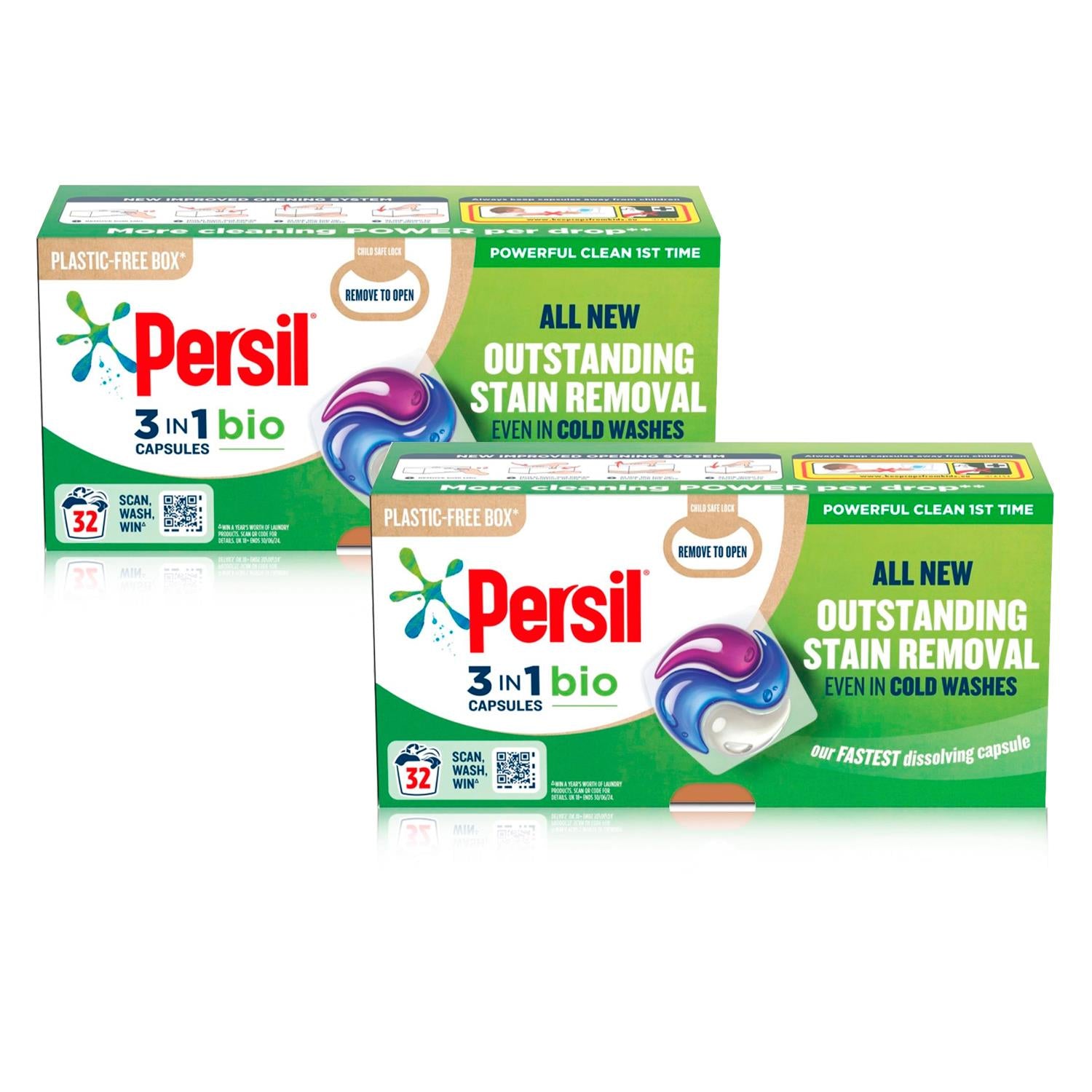 3-in-1 Washing Capsules Powerful Clean First Time Bio 32 Washes, 2 Pack | Set of 2