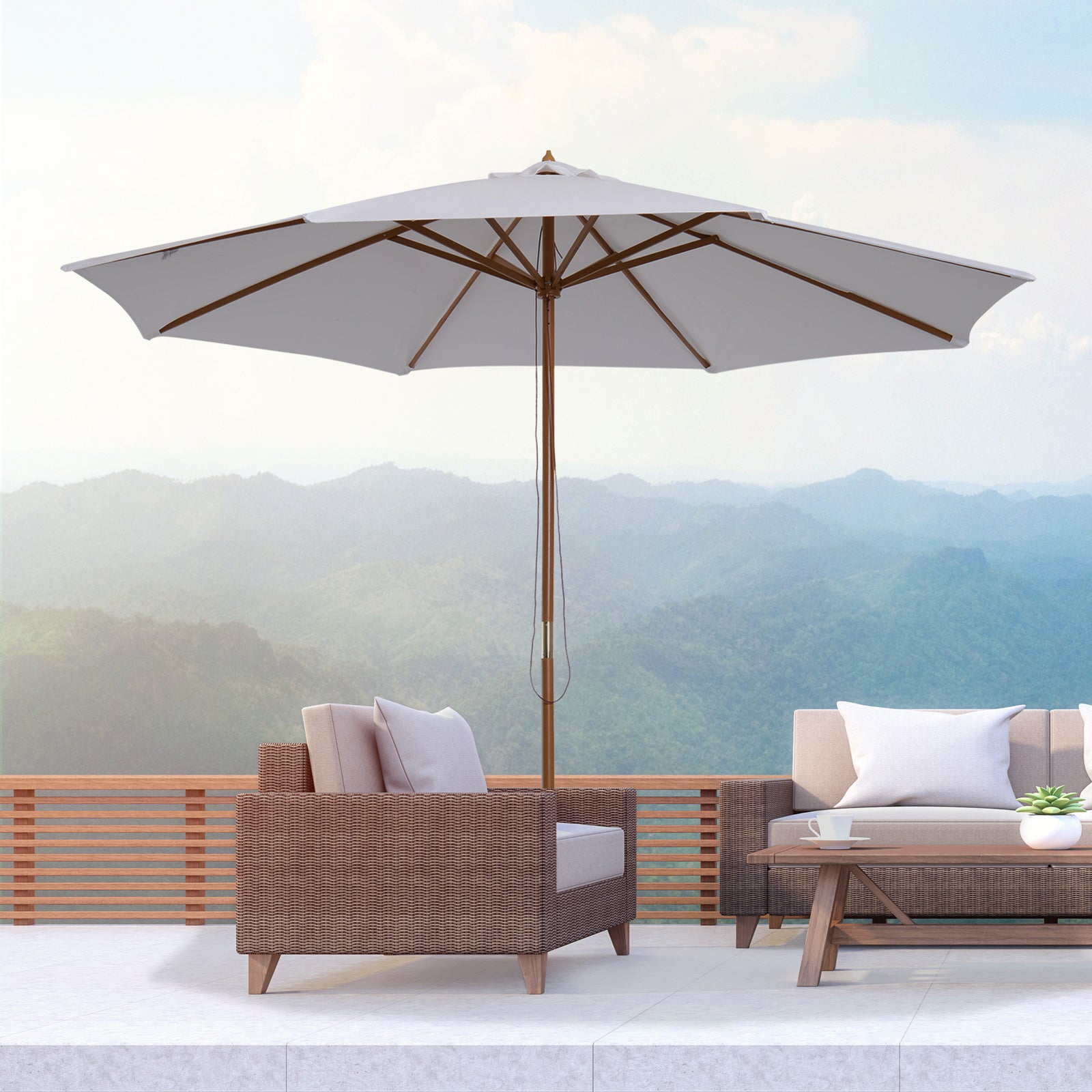 3m Wooden Bamboo Parasol Outdoor Umbrella Canopy | White