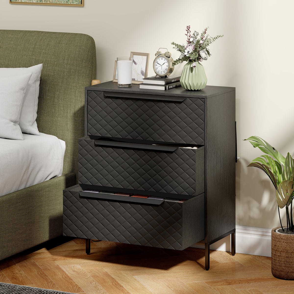 HOMCOM Chest Of Drawers, 3 Fabric Drawer Dresser, Aluminium Handles