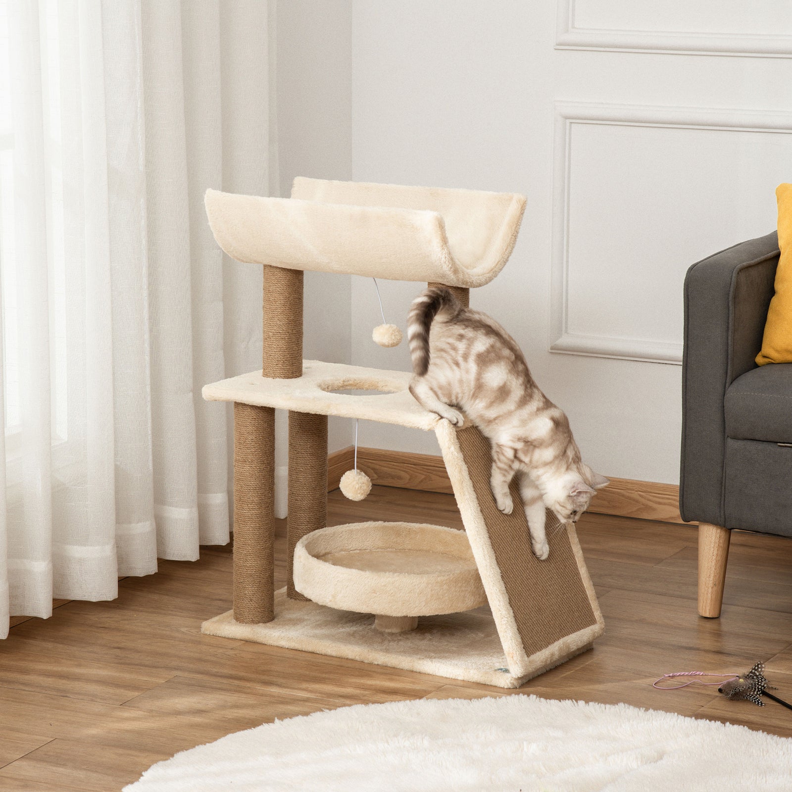 Cat Tree Kitten Tower W/ Scratching Post, Pad, Bed, Perch, Ball | Brown