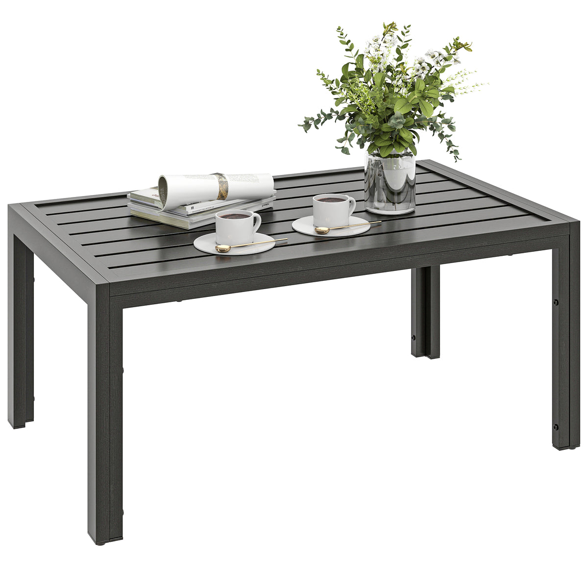 Outdoor Side Table Garden Table With Steel Frame And Slat Top Grey Wood