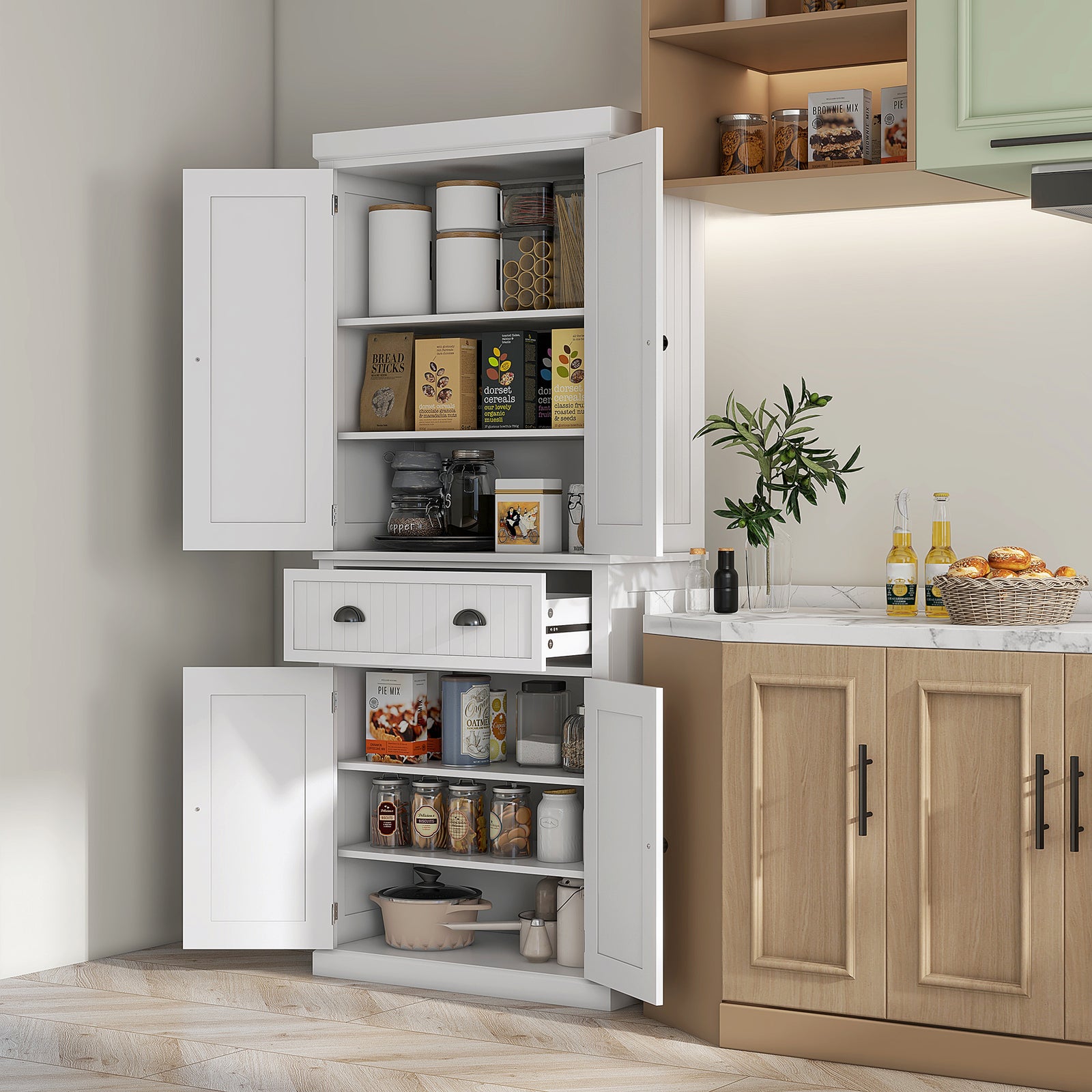 Kitchen Storage Cabinet W/ Drawers Cupboards Shelves Home | White