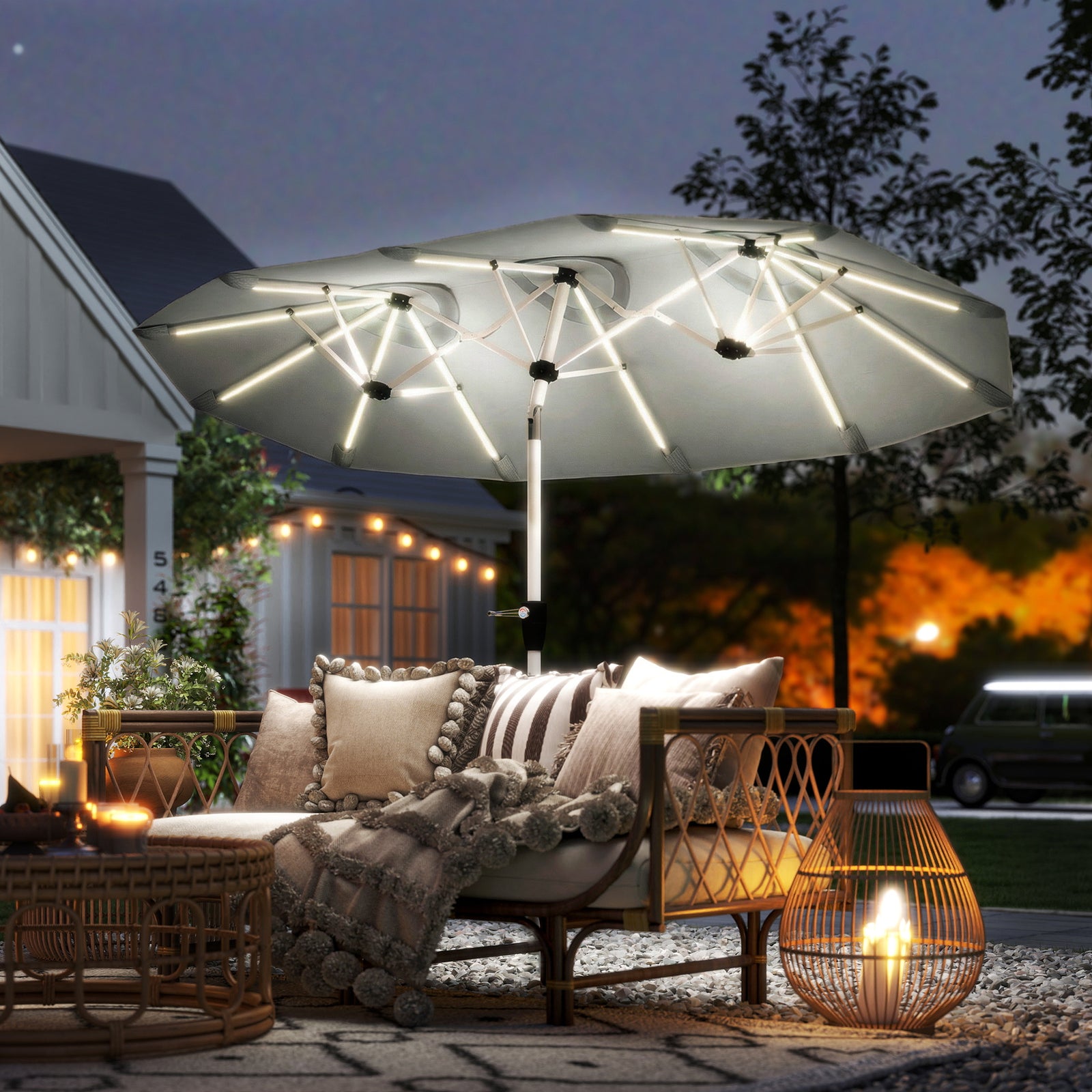 3 M Double-sided Garden Parasol With Solar Lights | Grey