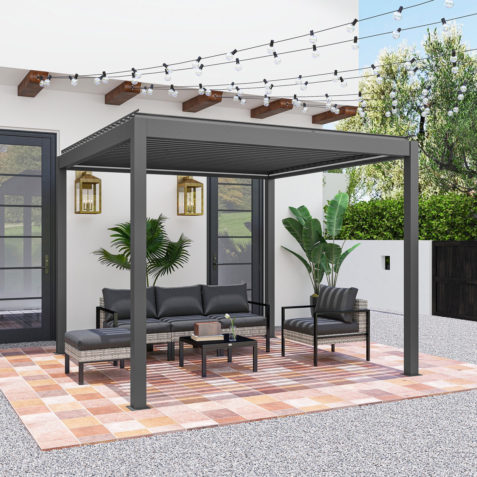 3x3m Electric Louvered Pergola With Led Lights And Remote