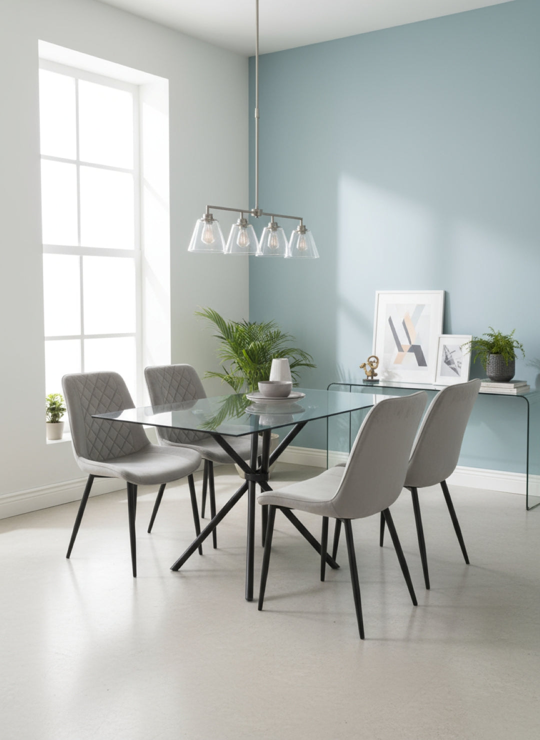Stylish Miami Dining Table Set With 4 Velvet Amelia Chairs | Grey
