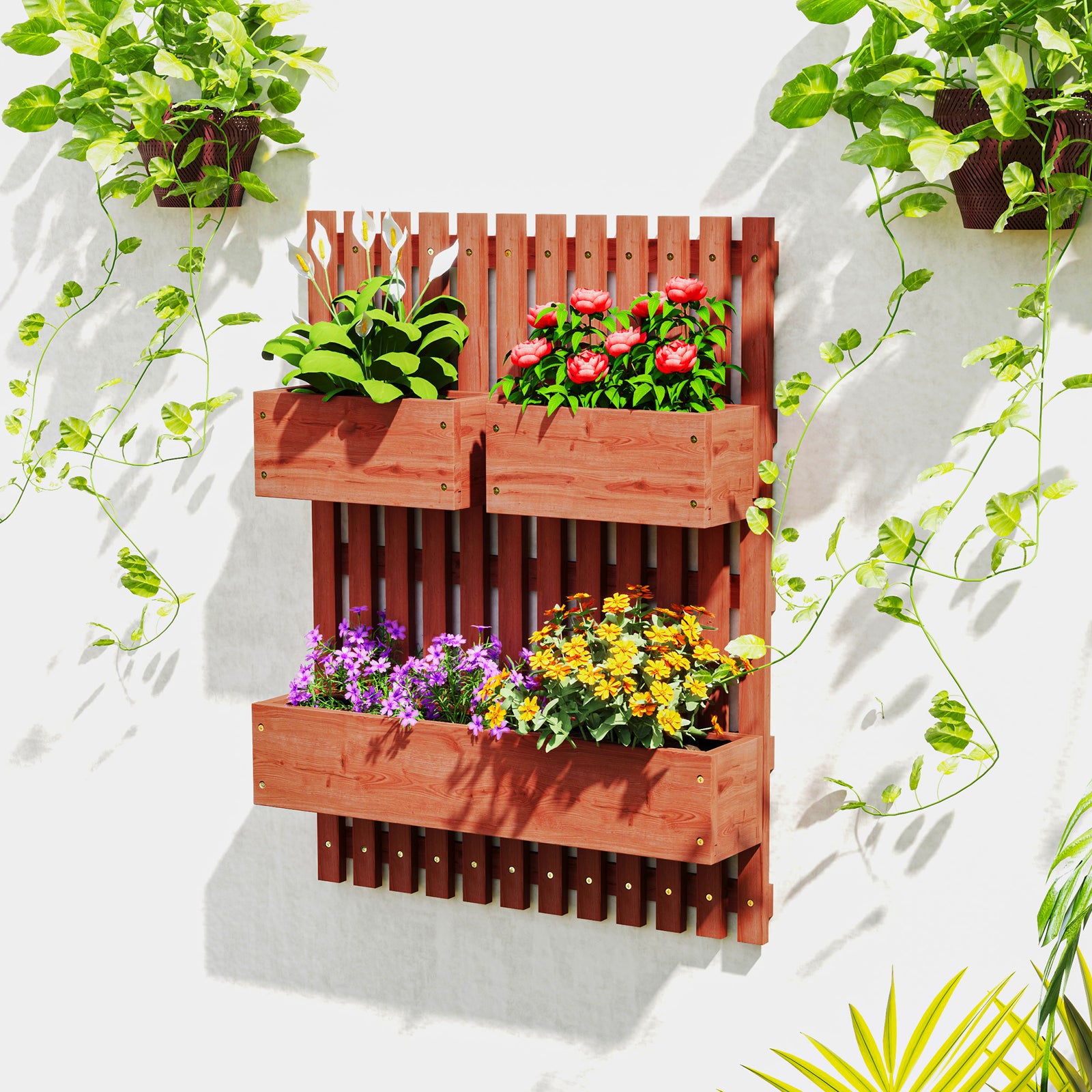 Wall-mounted Wooden Planters With Trellis | Brown