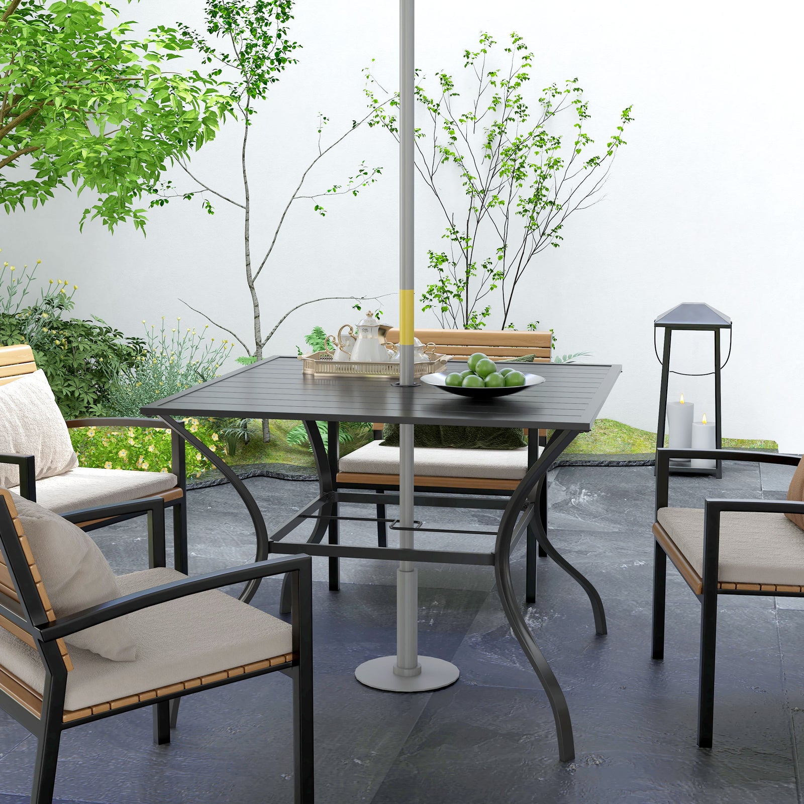 Garden Table W/ Parasol Hole For Four, Slatted Metal Top | Dark Gray