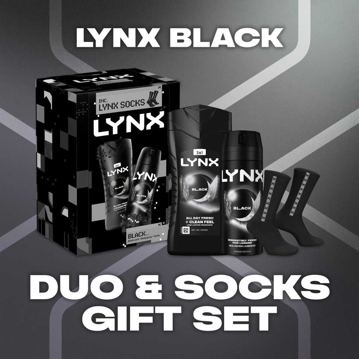 Black Duo And Socks Gift Set For Him, Body Wash And Body Spray | Set of 3