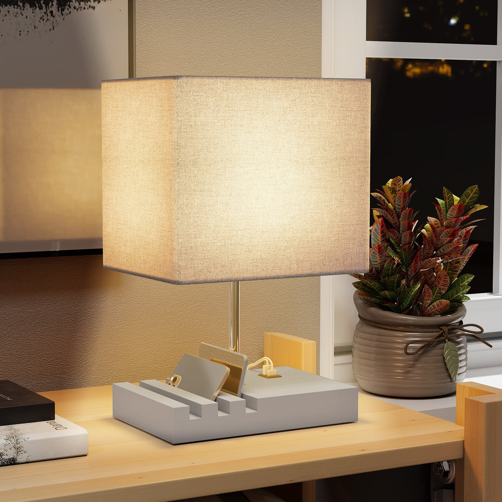 Table Lamp With 3 Slots, Bedside Lamp With Solid Wood Base | Grey