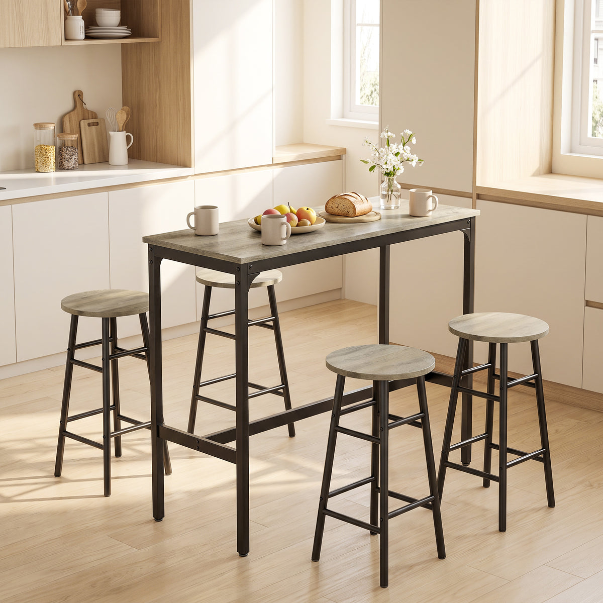 5 Piece Bar Set, Industrial Kitchen And Chair Set Grey Wood Effect