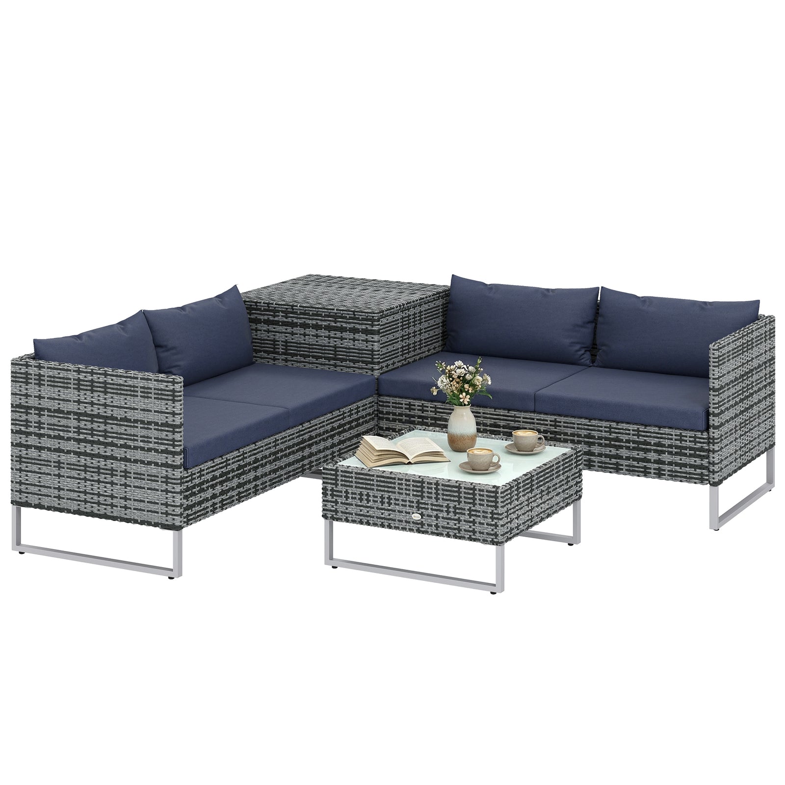 Rattan Garden Furniture Set With Storage Table, Cushions | Dark Blue