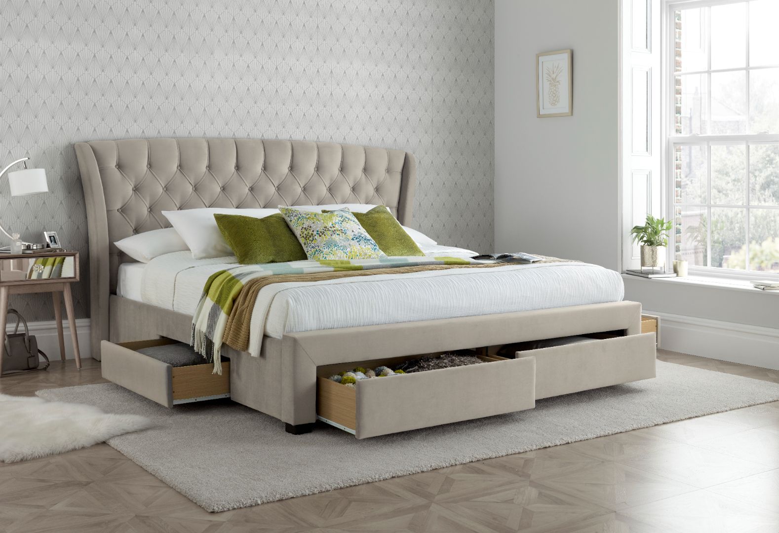 Newton Velvet 4 Drawer Storage Bed | Double | Natural
