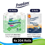 Freedom Aloe Vera 3-ply 45 Rolls + Rhino Jumbo Kitchen Towels 24 Rolls