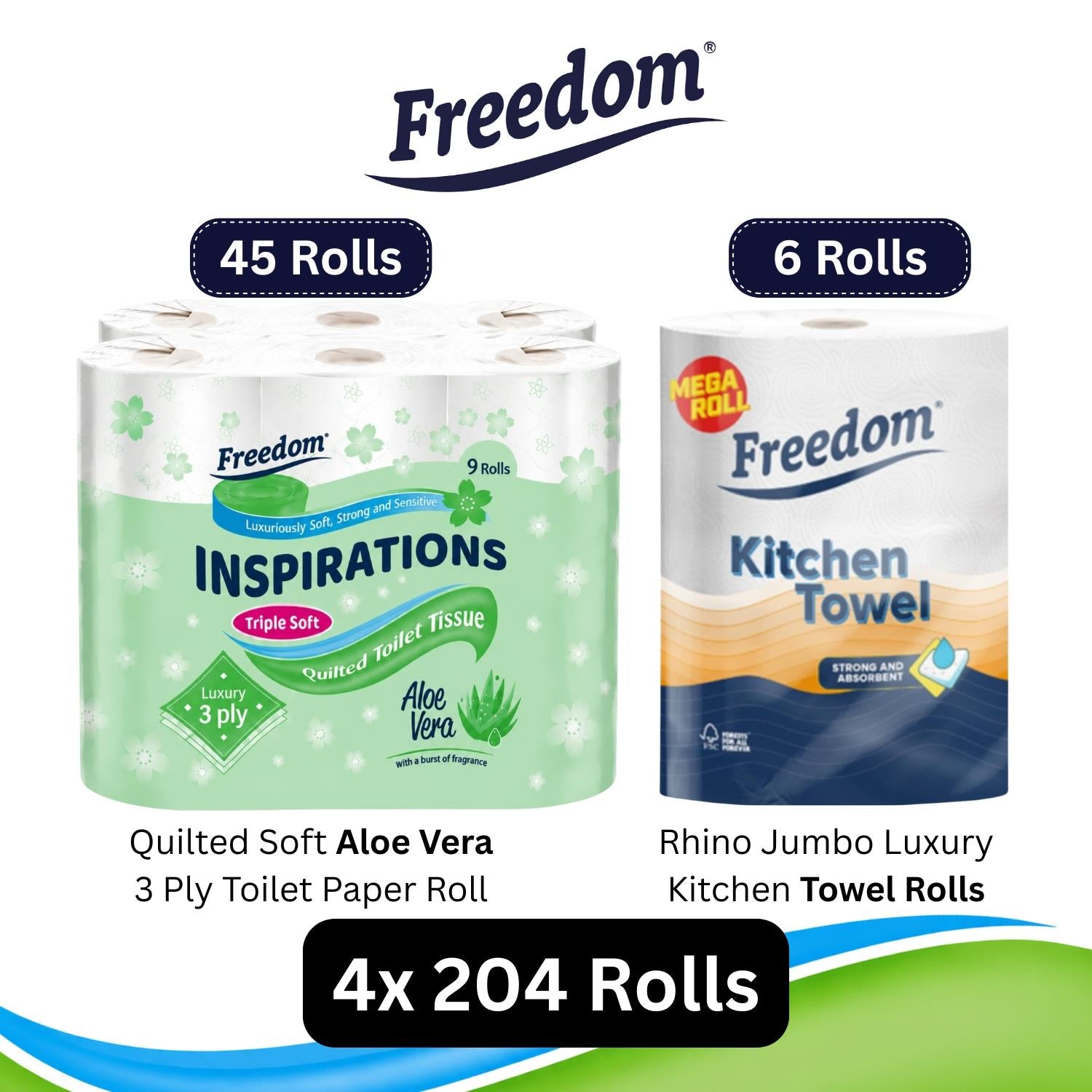Freedom Aloe Vera 3-ply 45 Rolls + Rhino Jumbo Kitchen Towels 24 Rolls