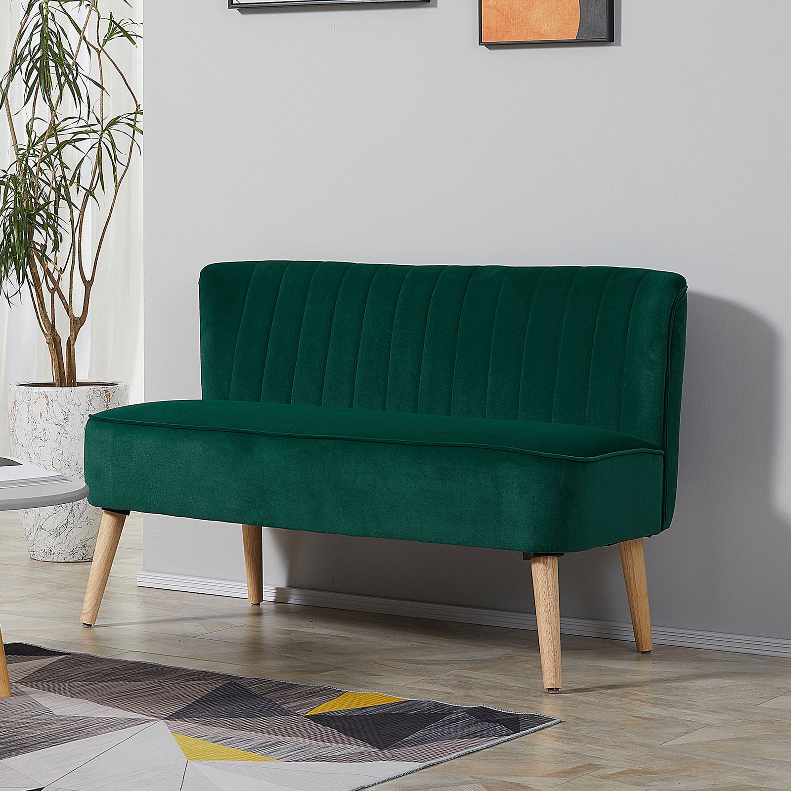 Velvet-feel Double Sofa W/ Wood Frame Foam Padding High Back, Green