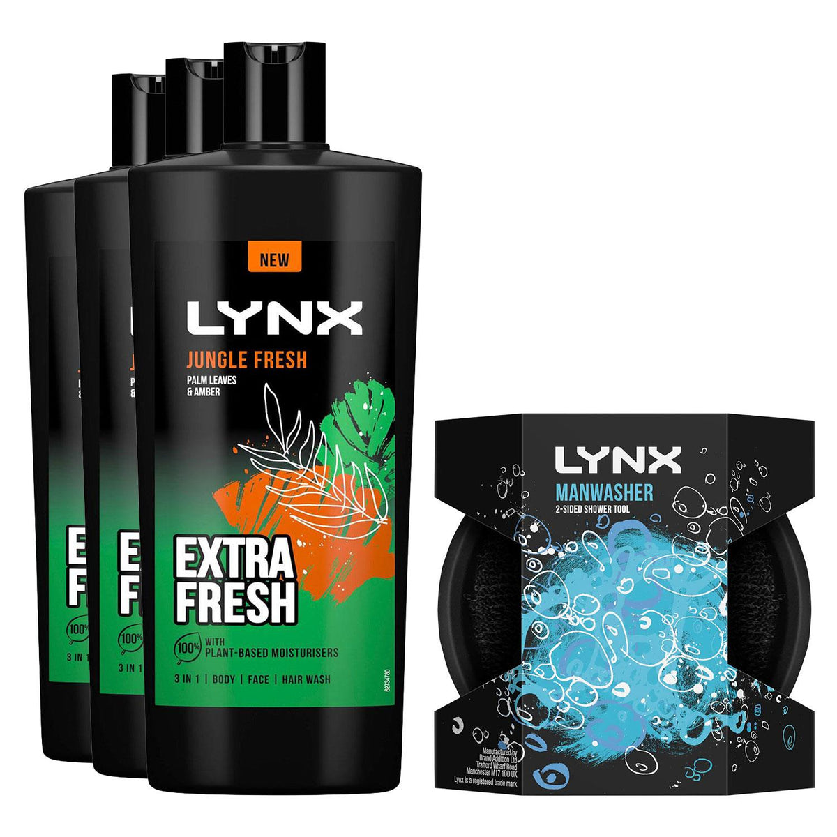 3-in-1 Body Face Hair Wash 700ml Jungle Fresh & Manwasher 2-sided Tool | Set of 3