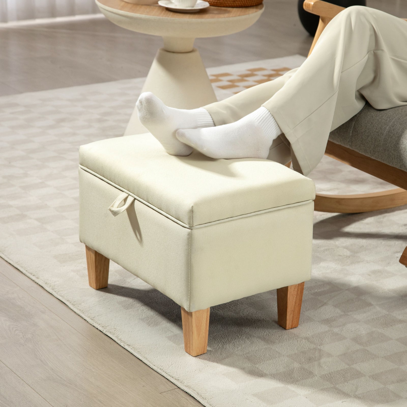 Linen Storage Ottoman Storage Box With Rubberwood Legs | Beige
