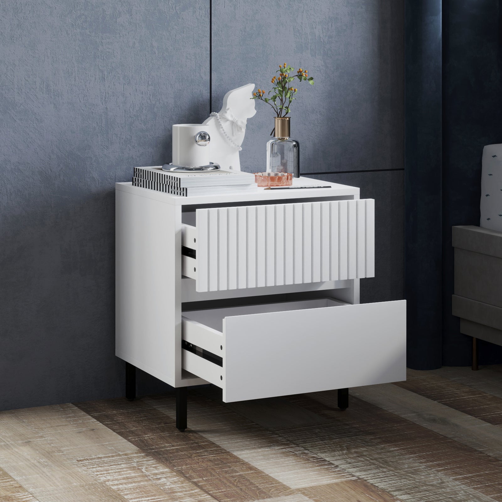 Bedside Table With 2 Drawers And Steel Legs For Bedroom | One Size | White