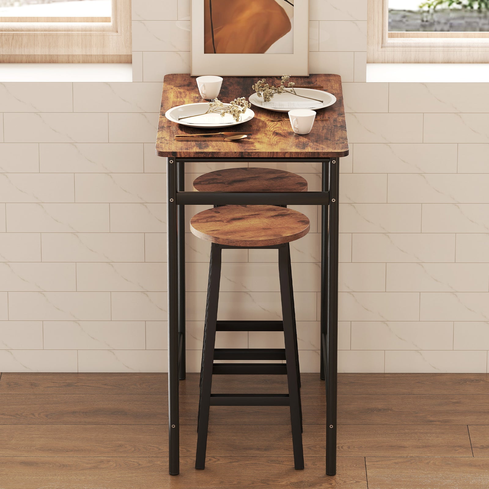 HOMCOM Barstools, Breakfast Bar Stools With Footrest, Rustic Brown
