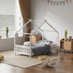 Kids Pine Wood House Bed Frame With Guardrails – 190cm X 90cm Low Design White  Toddler Single Bed