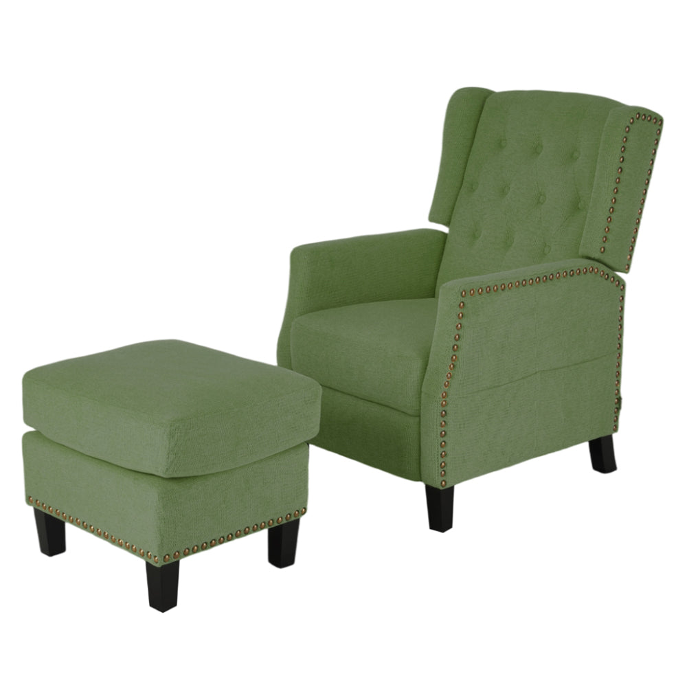 Fabric Upholstered Sofa Pushback Reclining Chair Armchair With Footstool | Green