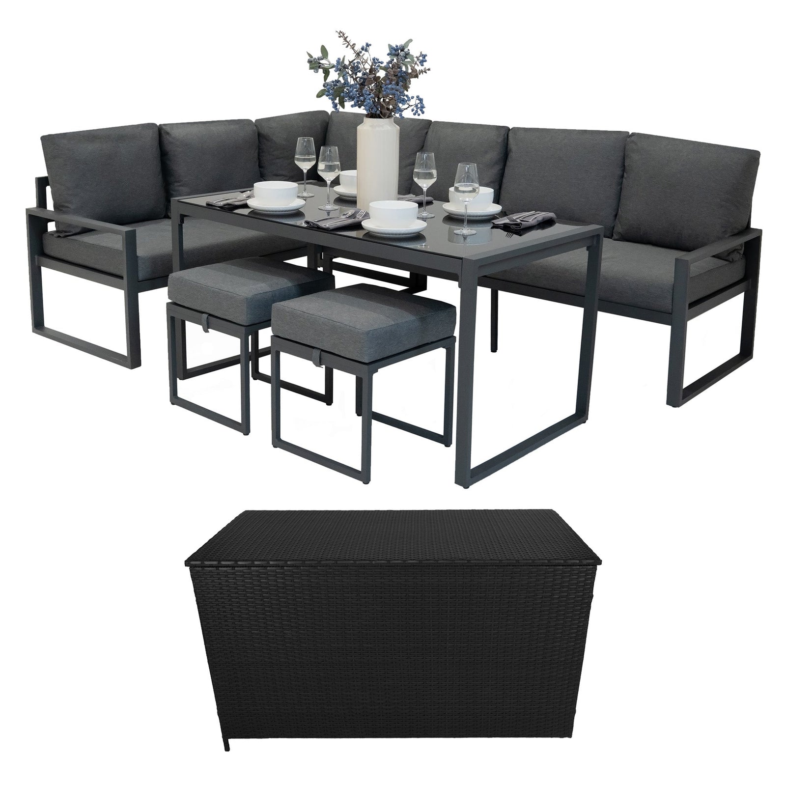 Aluminium Corner Sofa Set With Rattan Storage Box | Anthracite