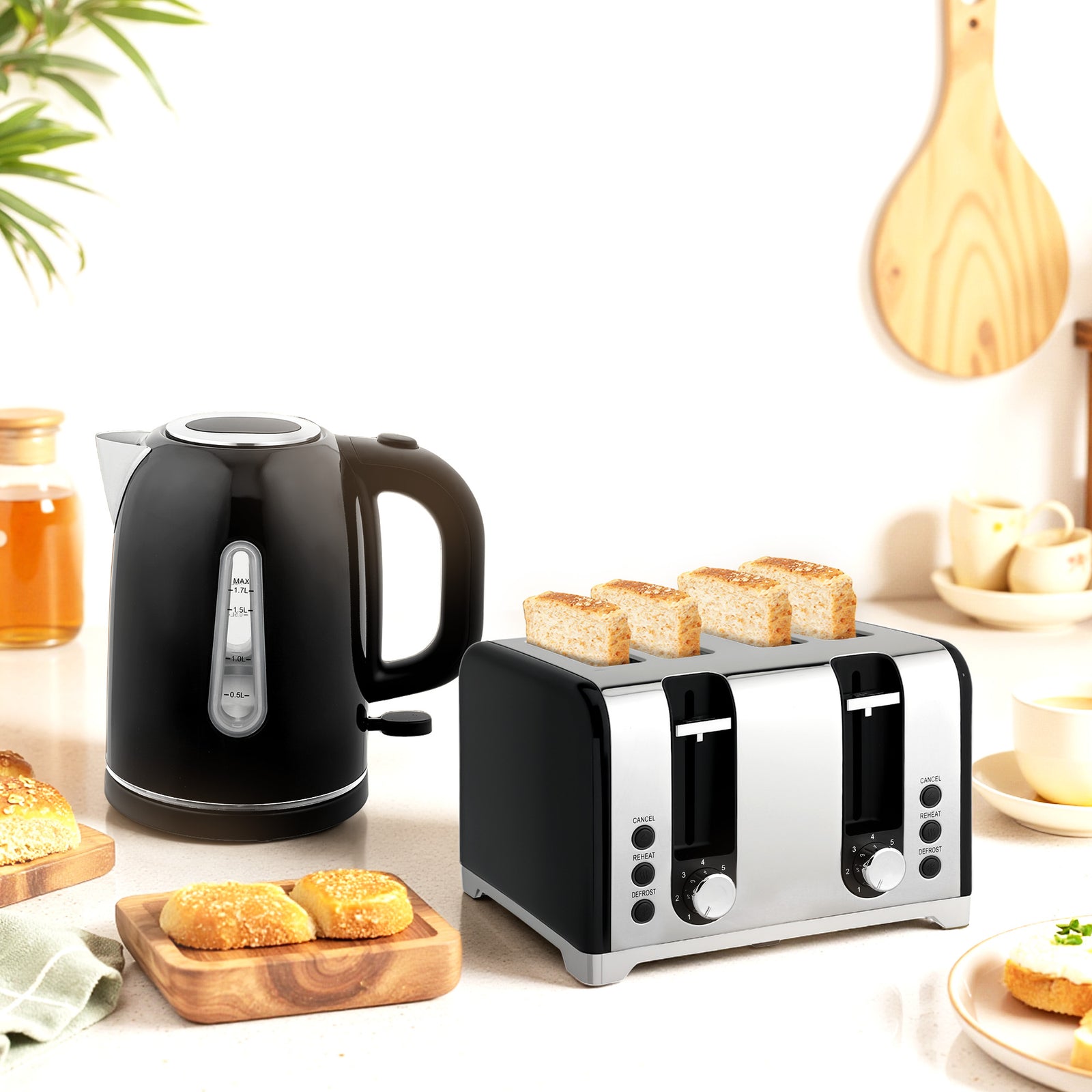 4 Slice Wide Slot Toaster And 1.7l Rapid Boil Kettle Set | Black