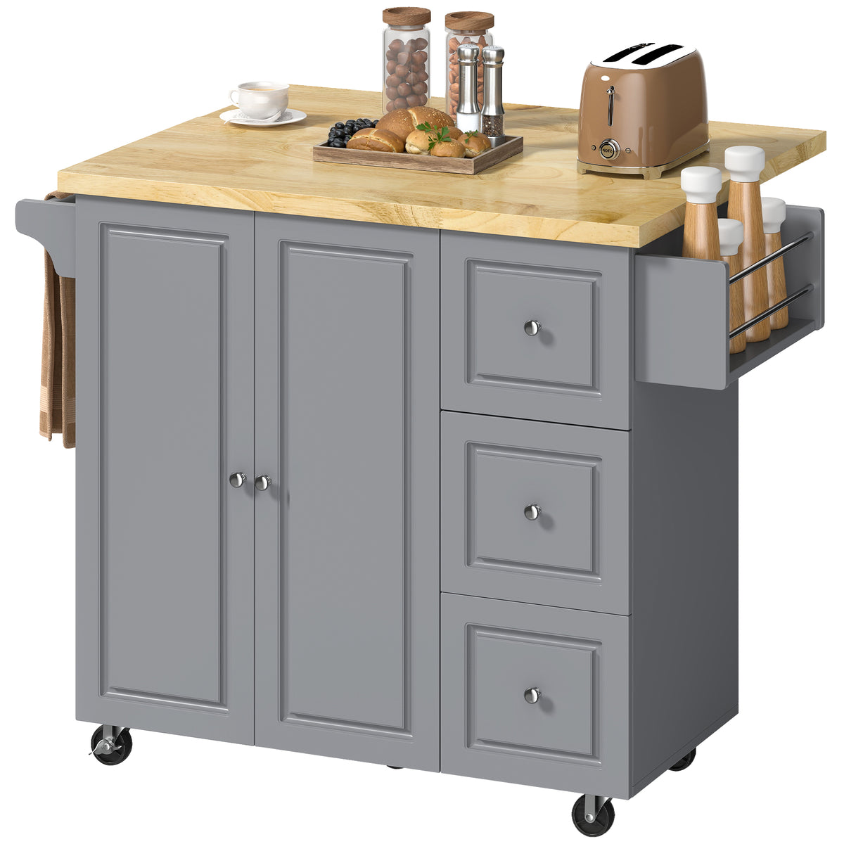 HOMCOM Rolling Kitchen Island, Kitchen Storage Trolley W/ Drop Leaf, Drawers