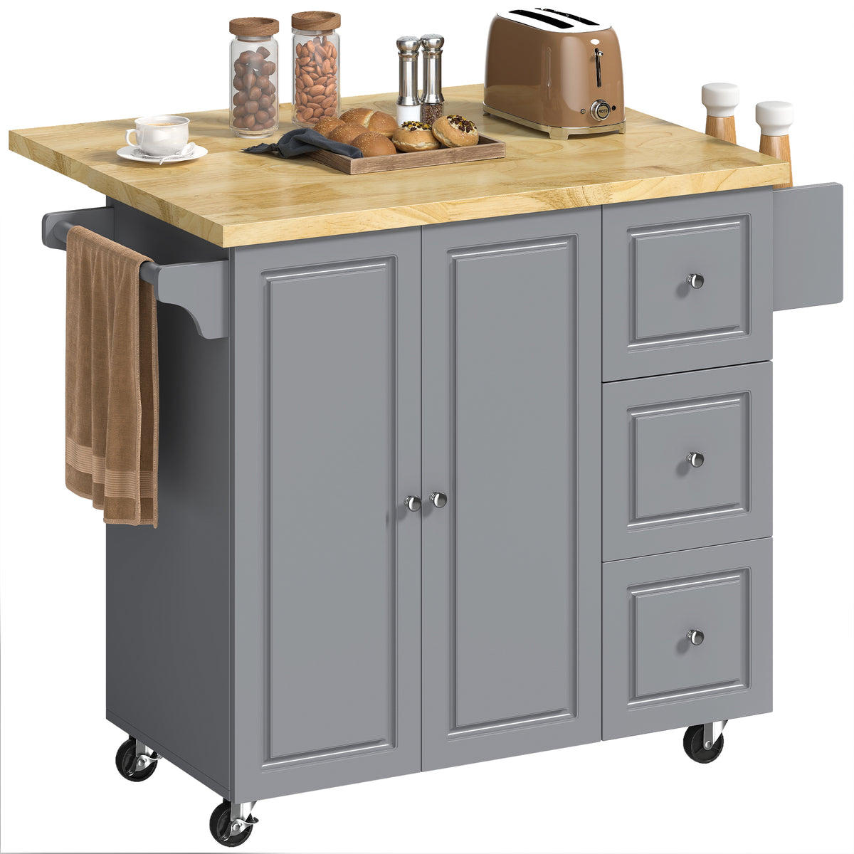 HOMCOM Rolling Kitchen Island, Kitchen Storage Trolley W/ Drop Leaf, Drawers