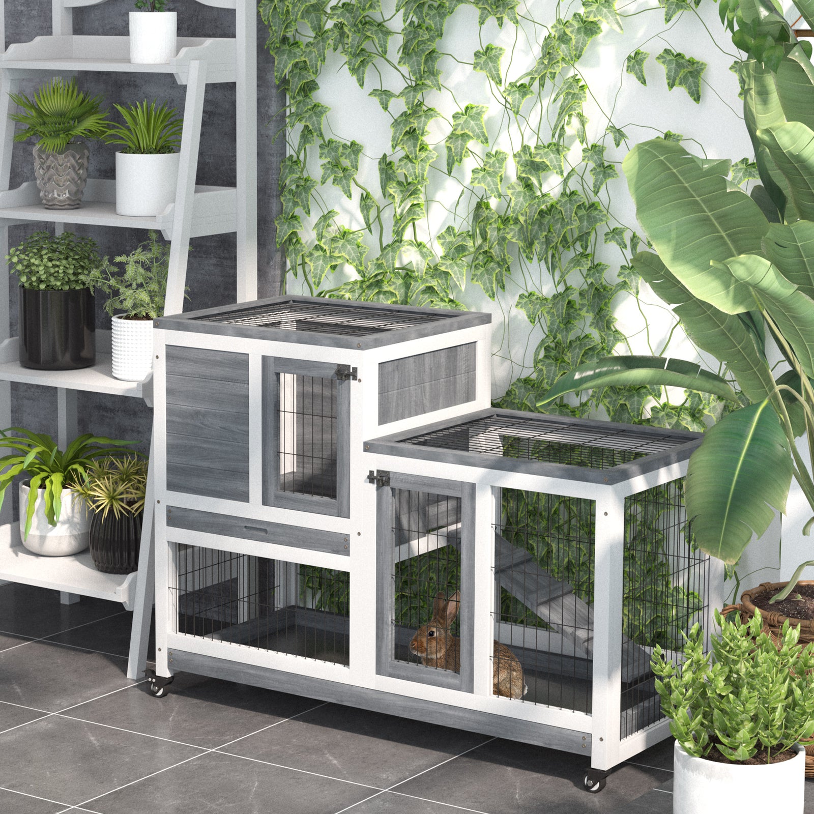 Wooden Indoor Rabbit Hutch Elevated Bunny Cage With Enclosed Run W/ Wheel | Gray