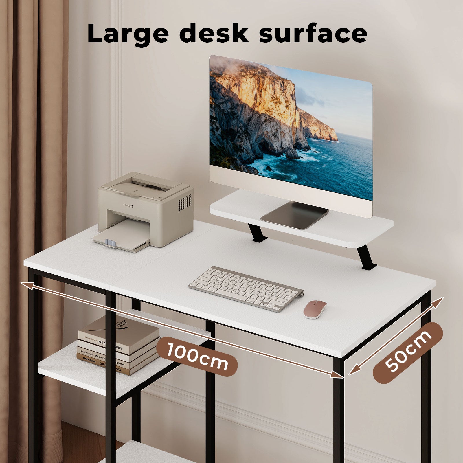 Computer Desk Home Office Table With Storage Shelves Monitor Stand | White