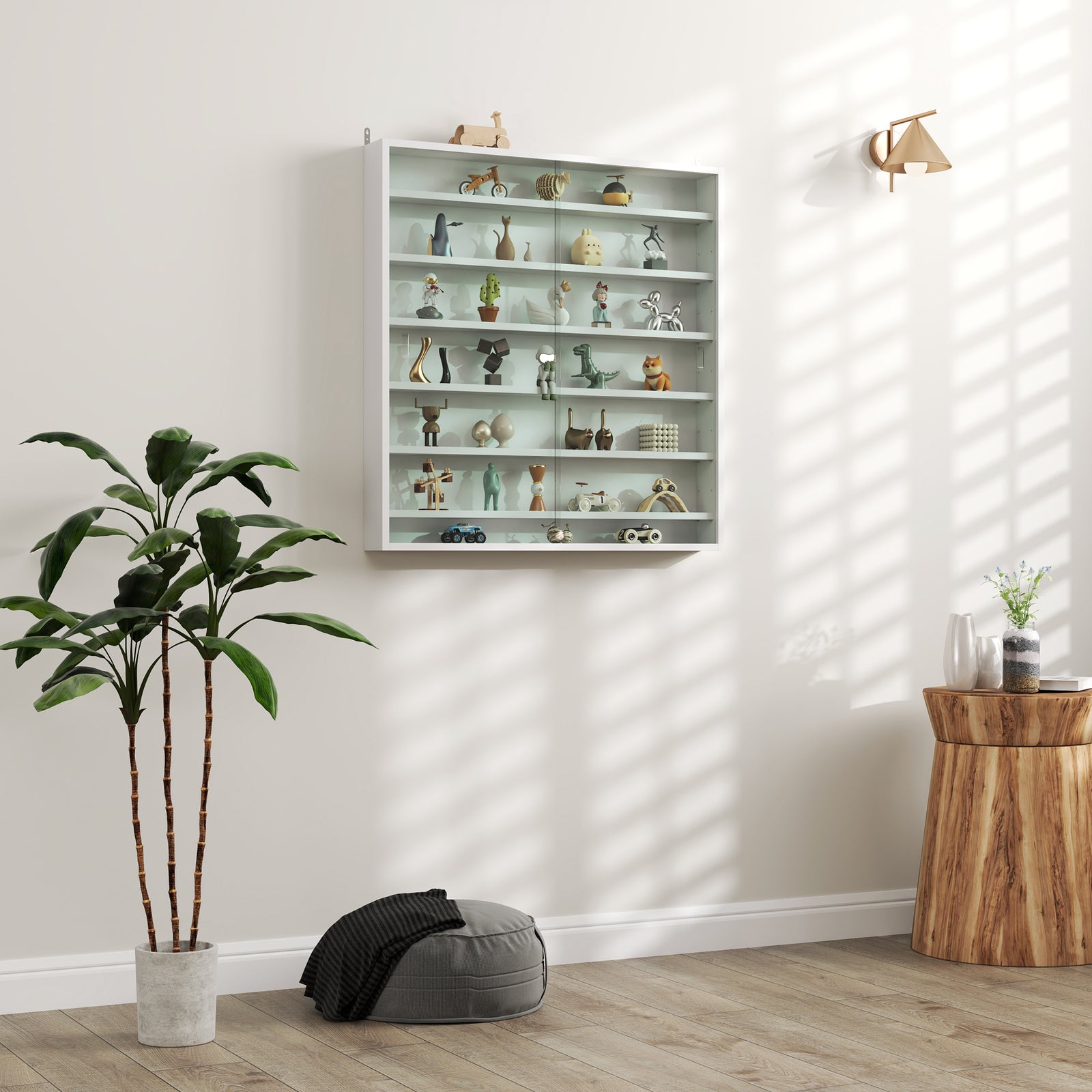 7-tier Wall Display Cabinet W/ Shelves Glass Doors | White