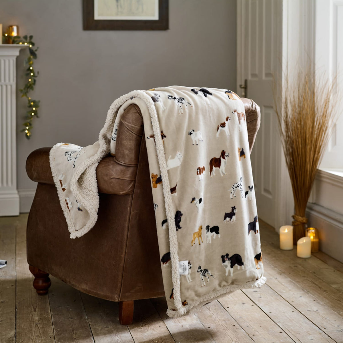 Mixed Dogs Sherpa Fleece Throw – Printed Dog Blanket | 140cm x 180cm | Latte