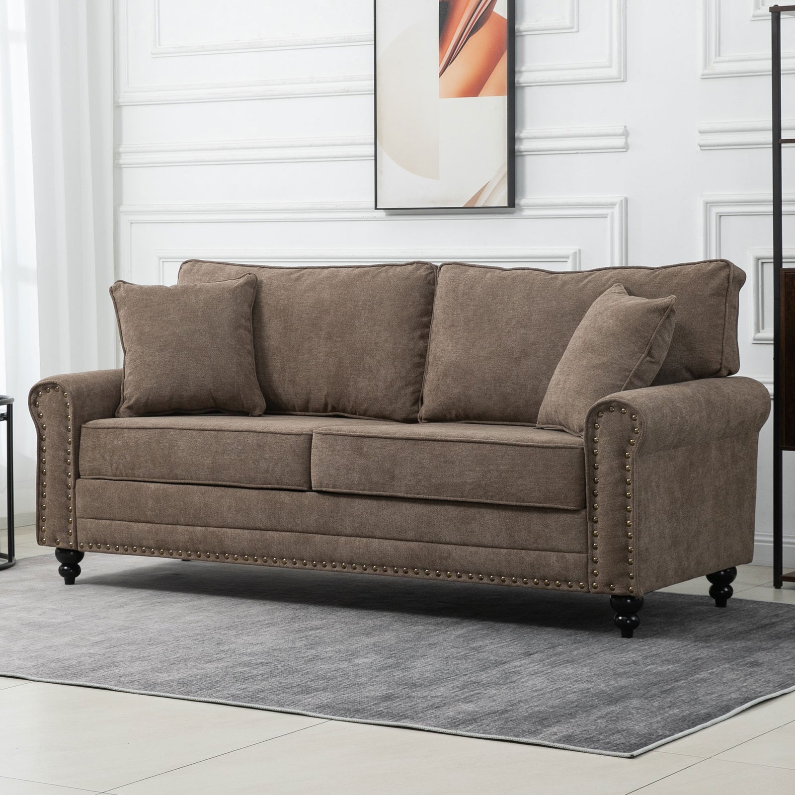 Fabric Sofa 3 Seater Sofa With Throw Pillow | One Size | Brown
