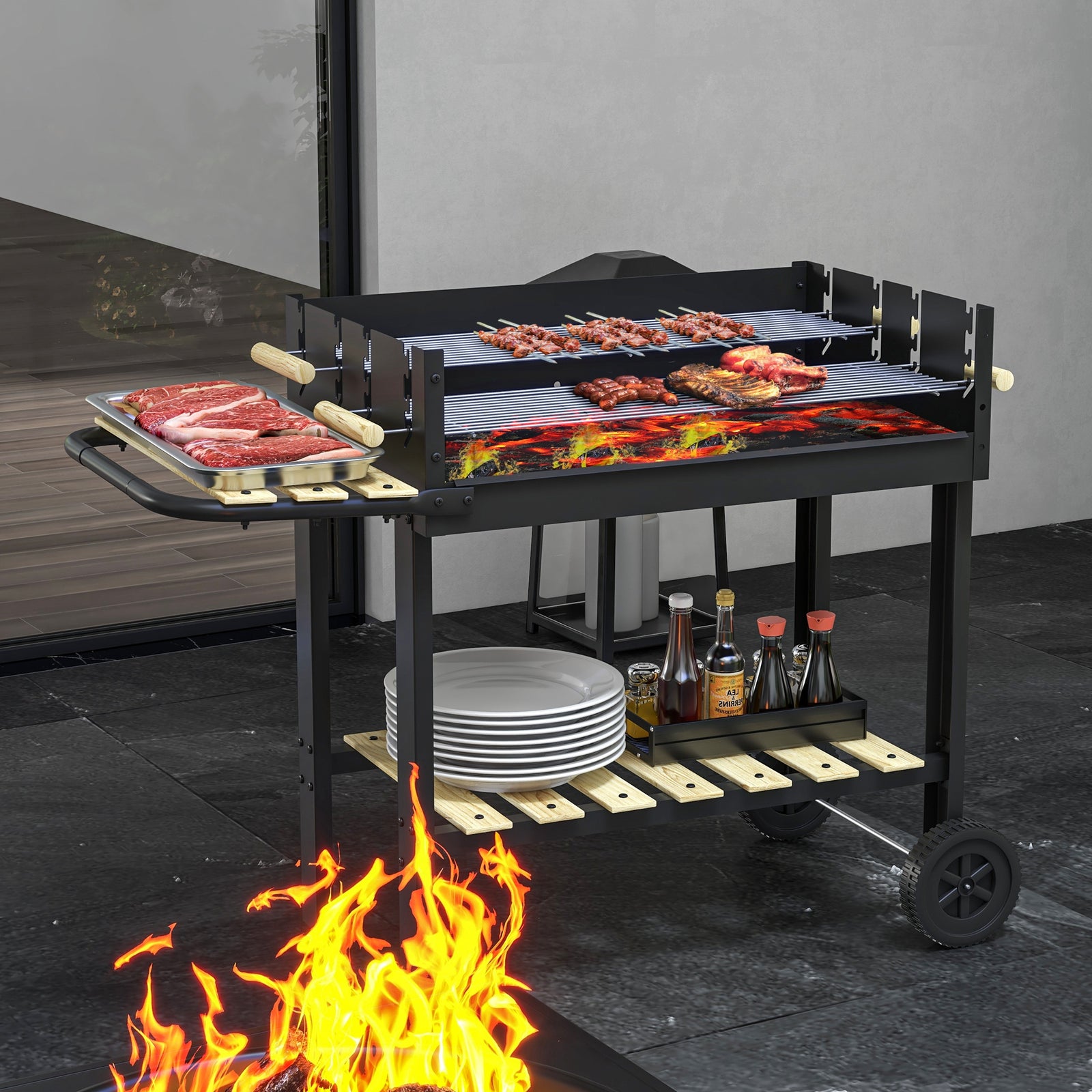 Charcoal Bbq Trolley With Double Grill