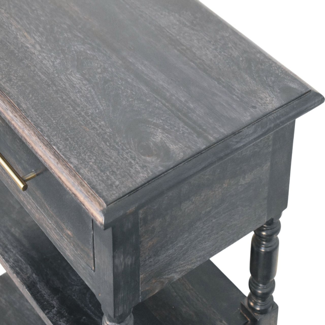 Heritage Turned-leg Side Table,1 Drawer, 2 Open Shelves, Dark brown