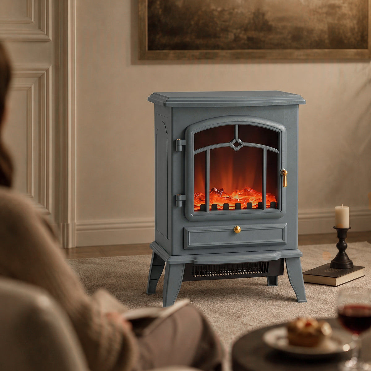 Fireplace Stove, Freestanding Electric Fire, 1000w/2000w, Grey