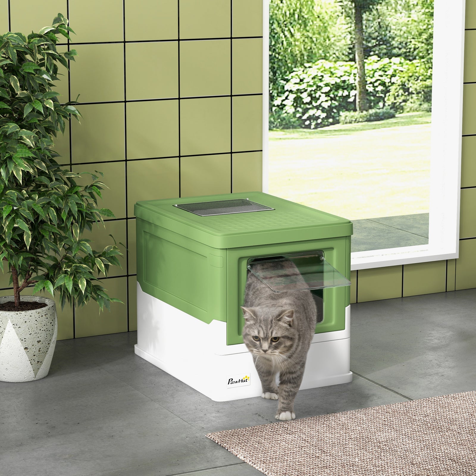 Hooded Cat Litter Box W/ Tray, Scoop, Front Entry | Dark Green