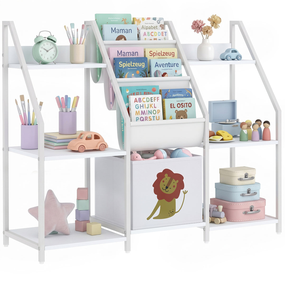 AIYAPLAY Kids Bookshelf And Toy Storage With 3-tier Sling Book Rack, White