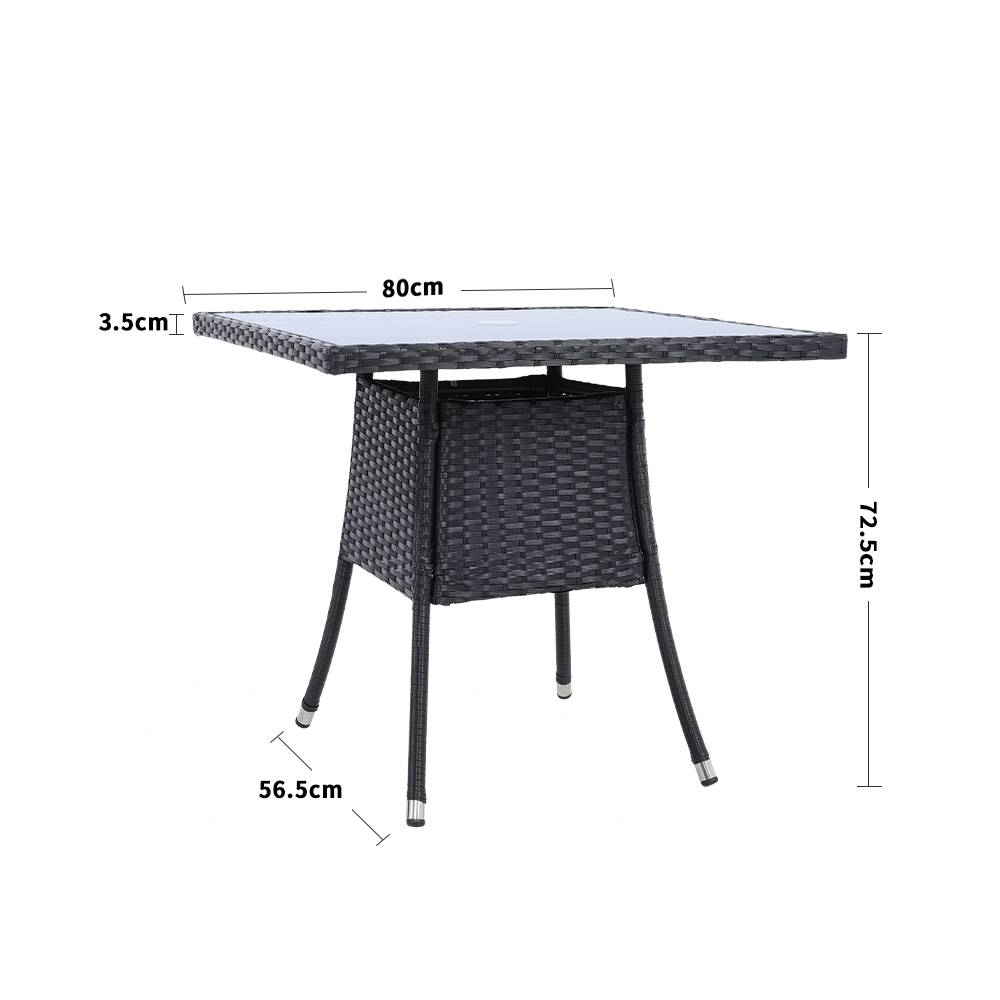Square Wicker Patio Table With Black Tempered Glass Top With 51mm Umbrella Hole & Transparent Cap 80cm X 72cm H