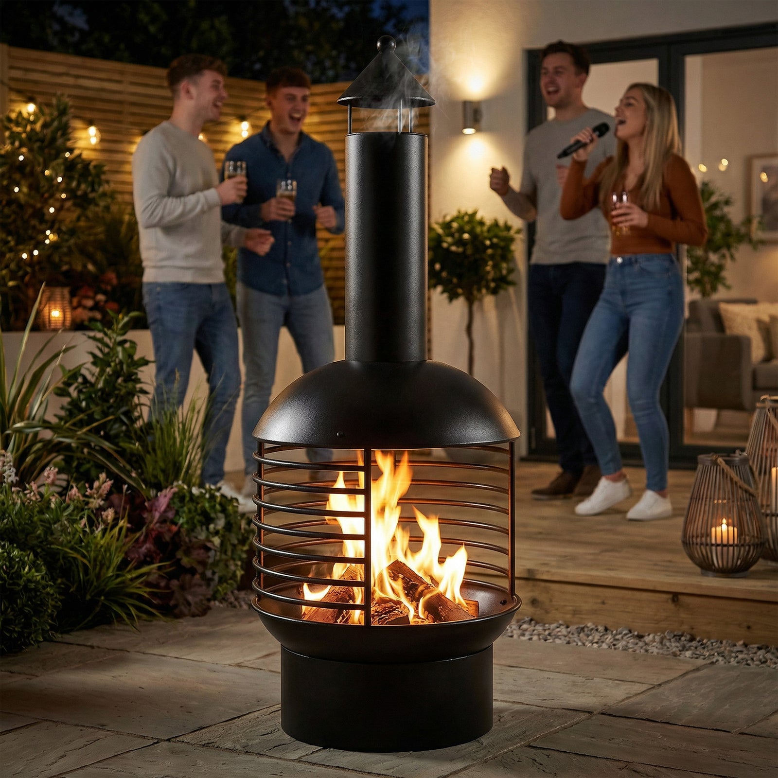 Outsunny Chimney Fire Pit, Portable Wood Burning Firepit With Poker, Black
