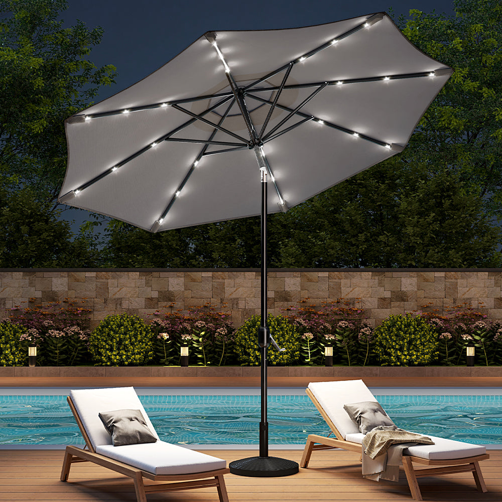 3m Outdoor Patio Parasol – Solar-powered Umbrella With 24 Led Lights, Tilt & Crank Handle, With Round Base | One Size | Light Grey