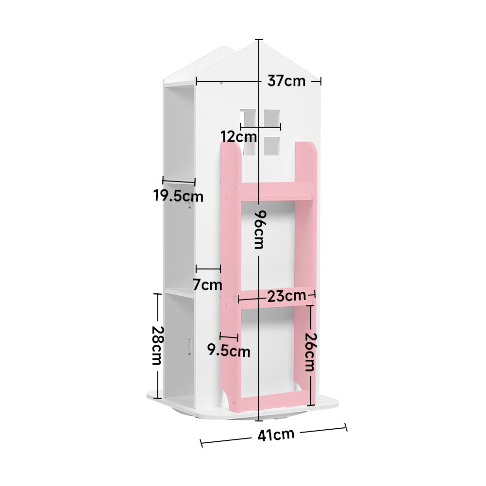 360°rotating Kids' Bookshelf Wooden House Frame Book Storage Organizer For Children | Pink