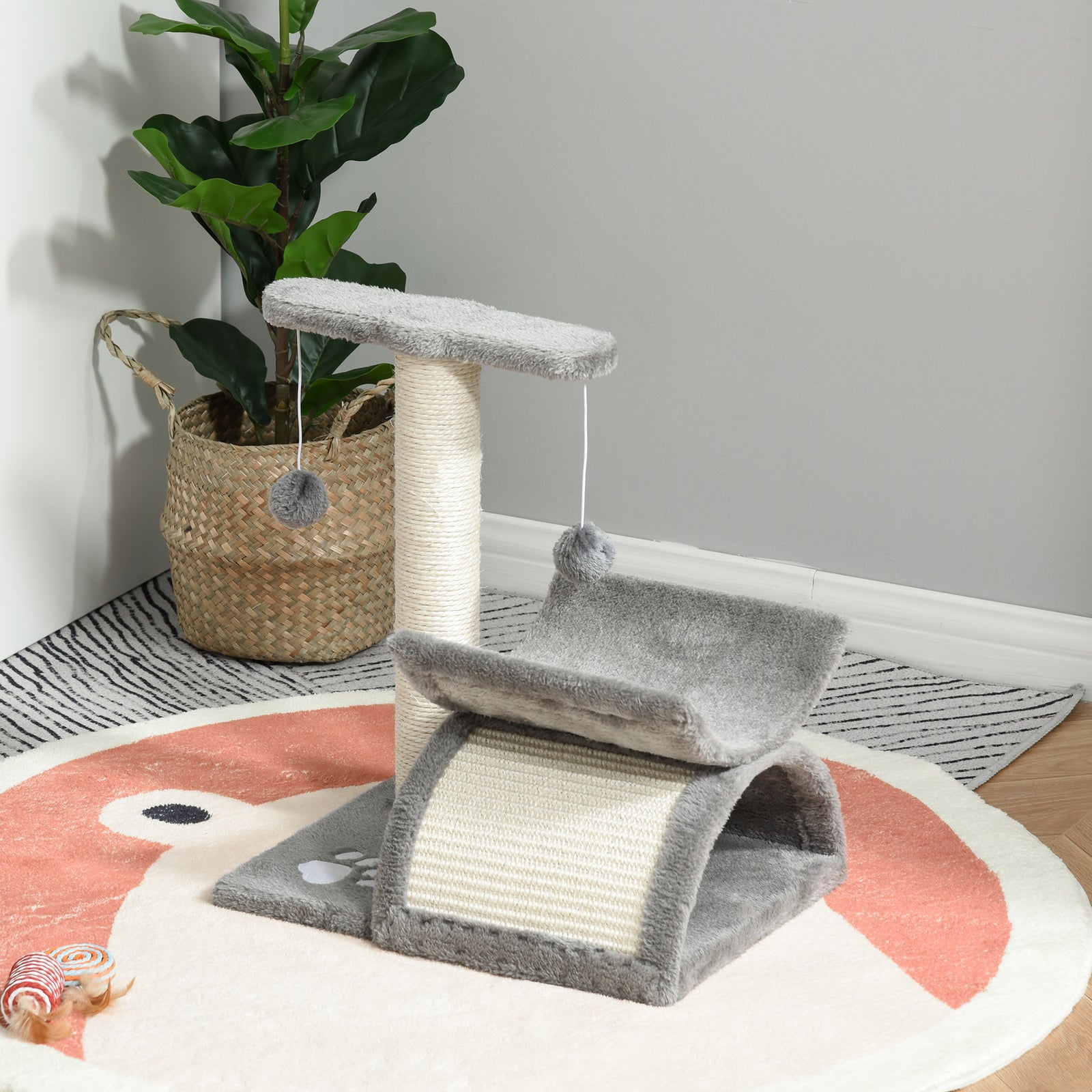 Cat Tree Plush Scratcher Kitty Activity Play Centre Tunnel Dangling Ball | Gray