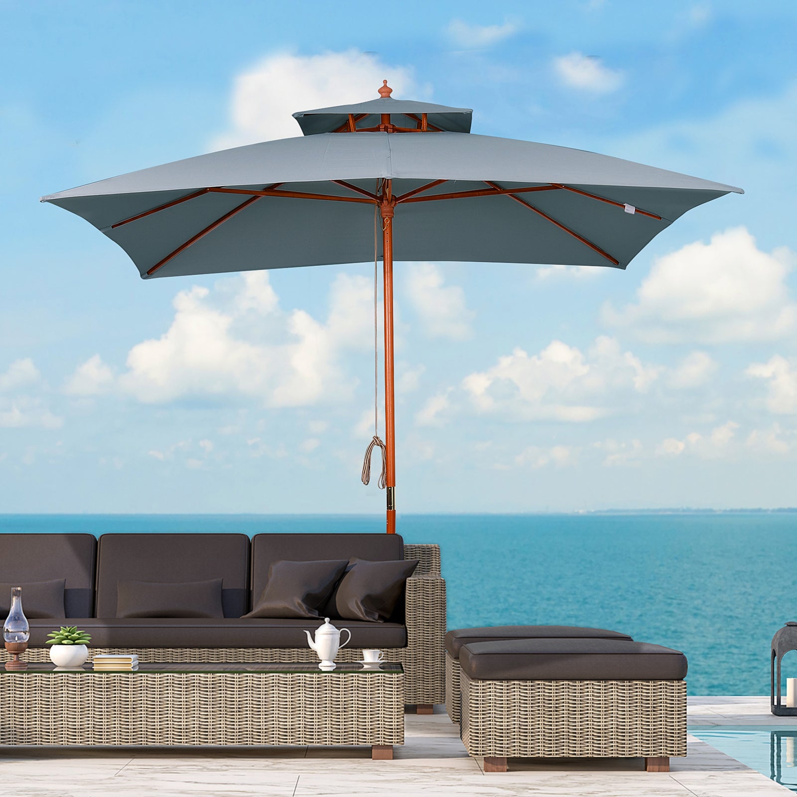 3x3m Folding Bamboo Parasol With 2 Pulley | Dark Gray