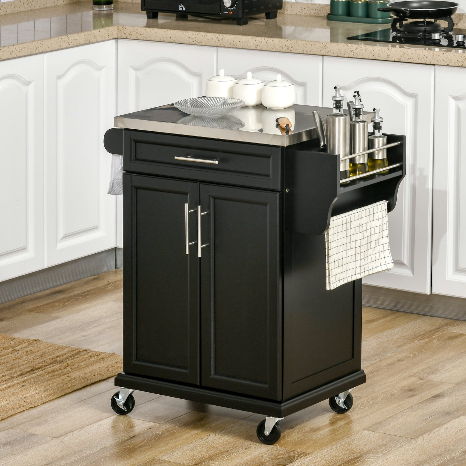 Kitchen Cart Storage Trolley W/ Drawer Cupboard Towel Rail | Black